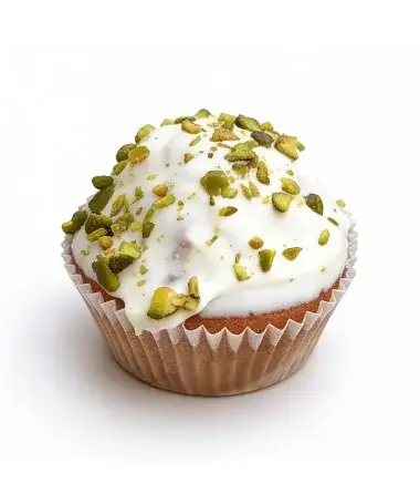 Magdalenas caseras de aceite de oliva virgen extra rellenas de pistacho y cubiertas de chocolate blanco